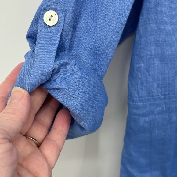 J. Jill Love Linen Casual Blue Button Down tunic top pockets Sz Med coastal - Picture 3 of 10